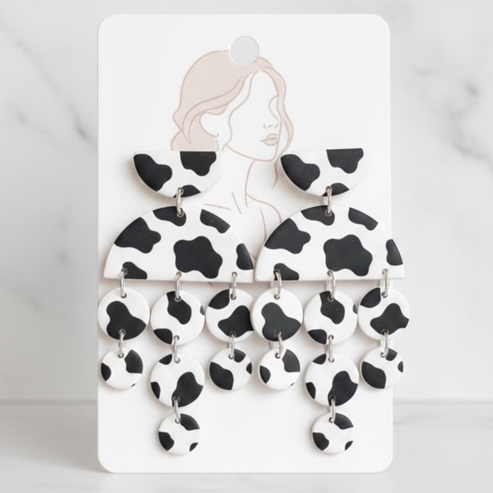 Large 5-Tier Cow Print - Handmade Earrings - Western Boho - Black & White